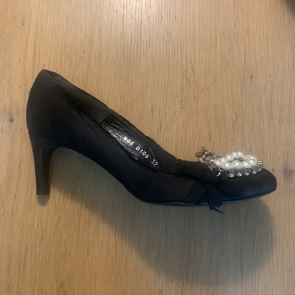 Pedro Garcia black satin pumps with pearl and crystal embellishment .